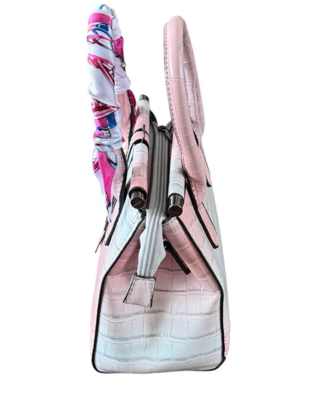 Blush Ombre Croc-Embossed Satchel with Scarf-Wrapped Handle